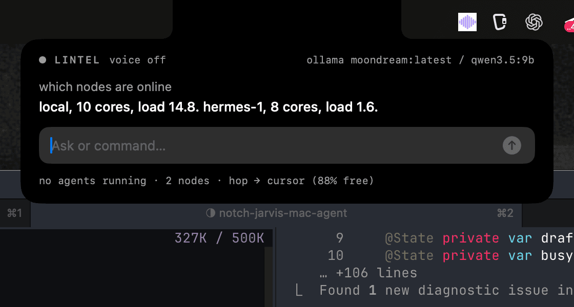 Lintel instance card: ask box, node status, hop to Cursor